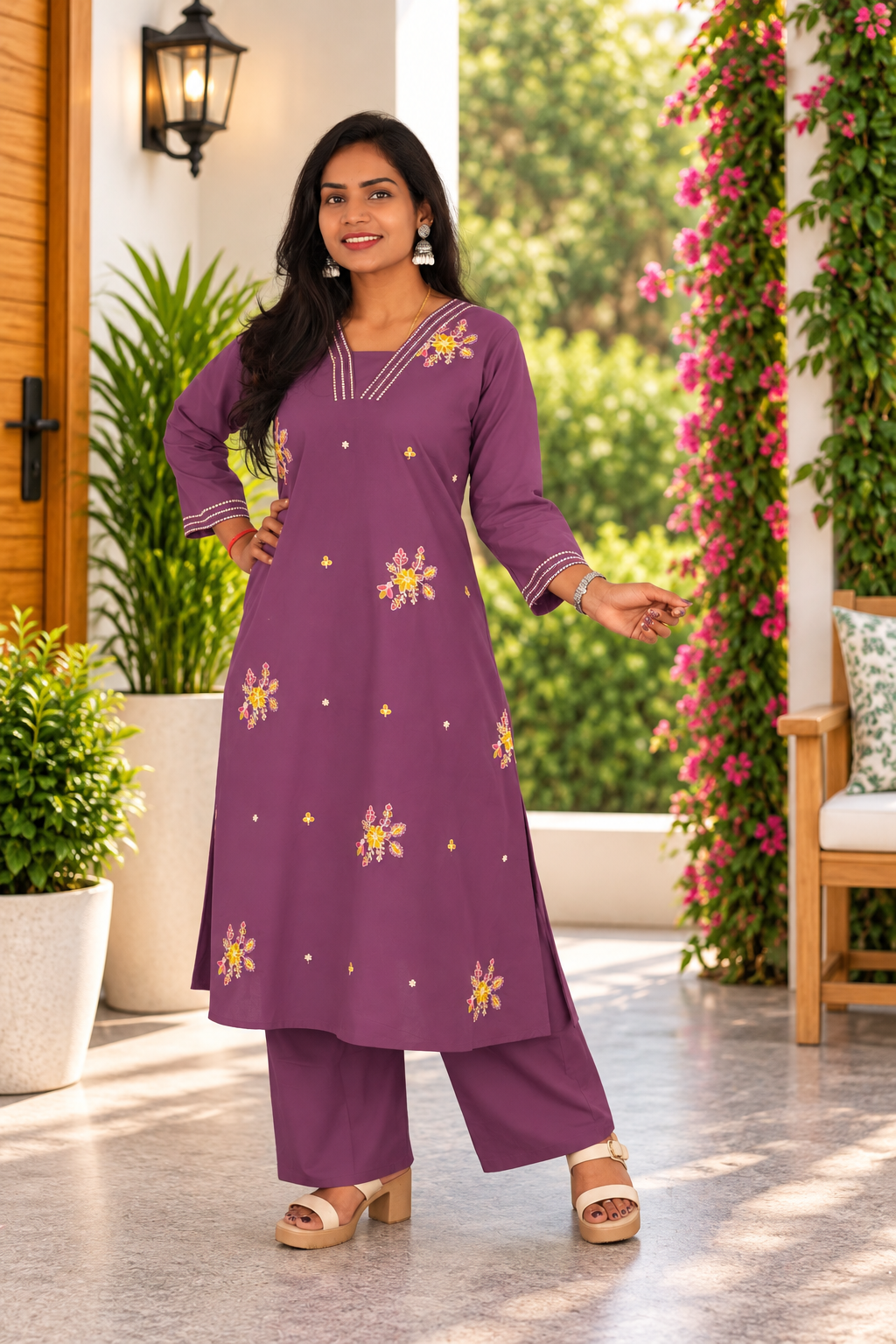 Plum Purple Jaipur Cotton Cord Set With Embroidery Work