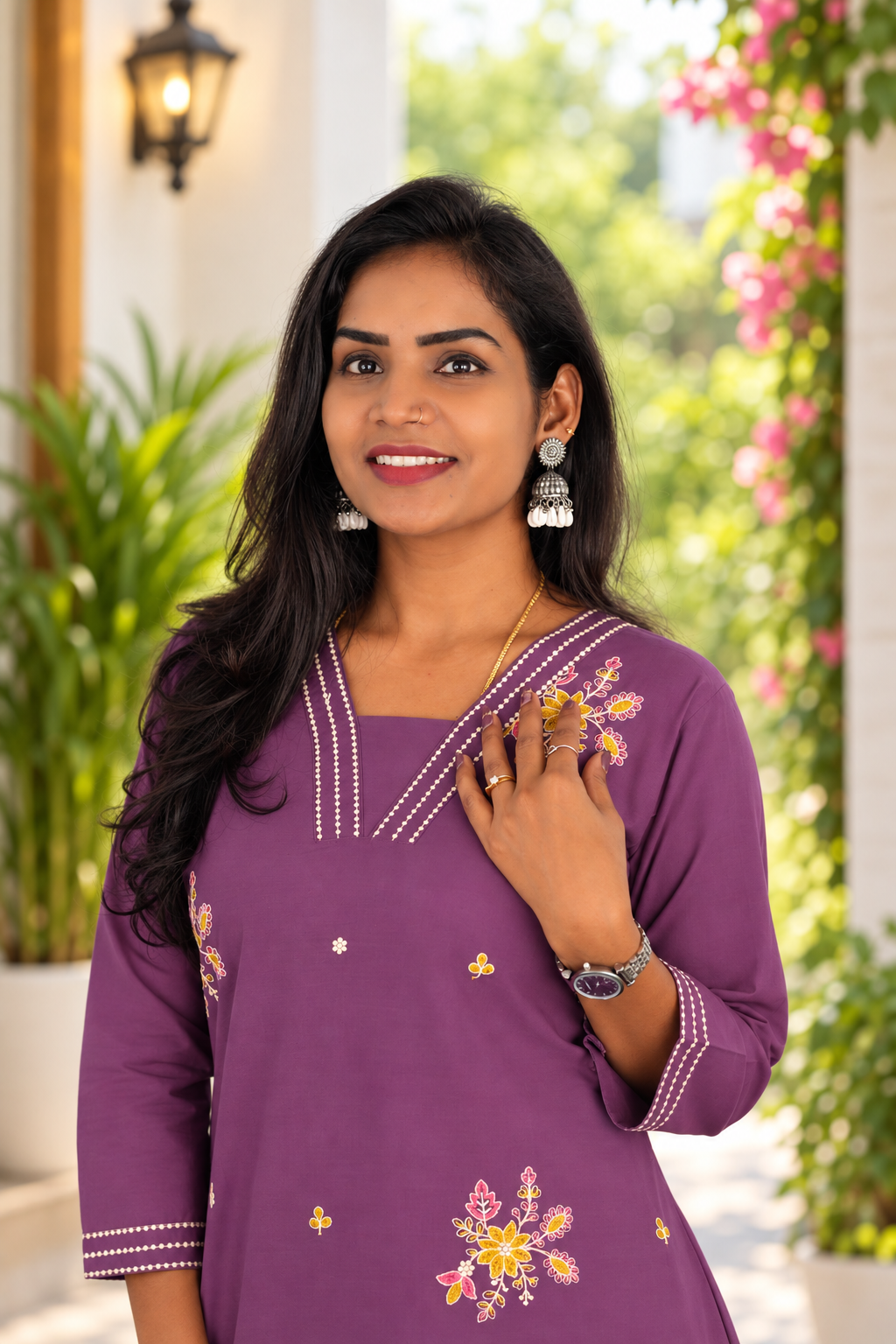 Plum Purple Jaipur Cotton Cord Set With Embroidery Work