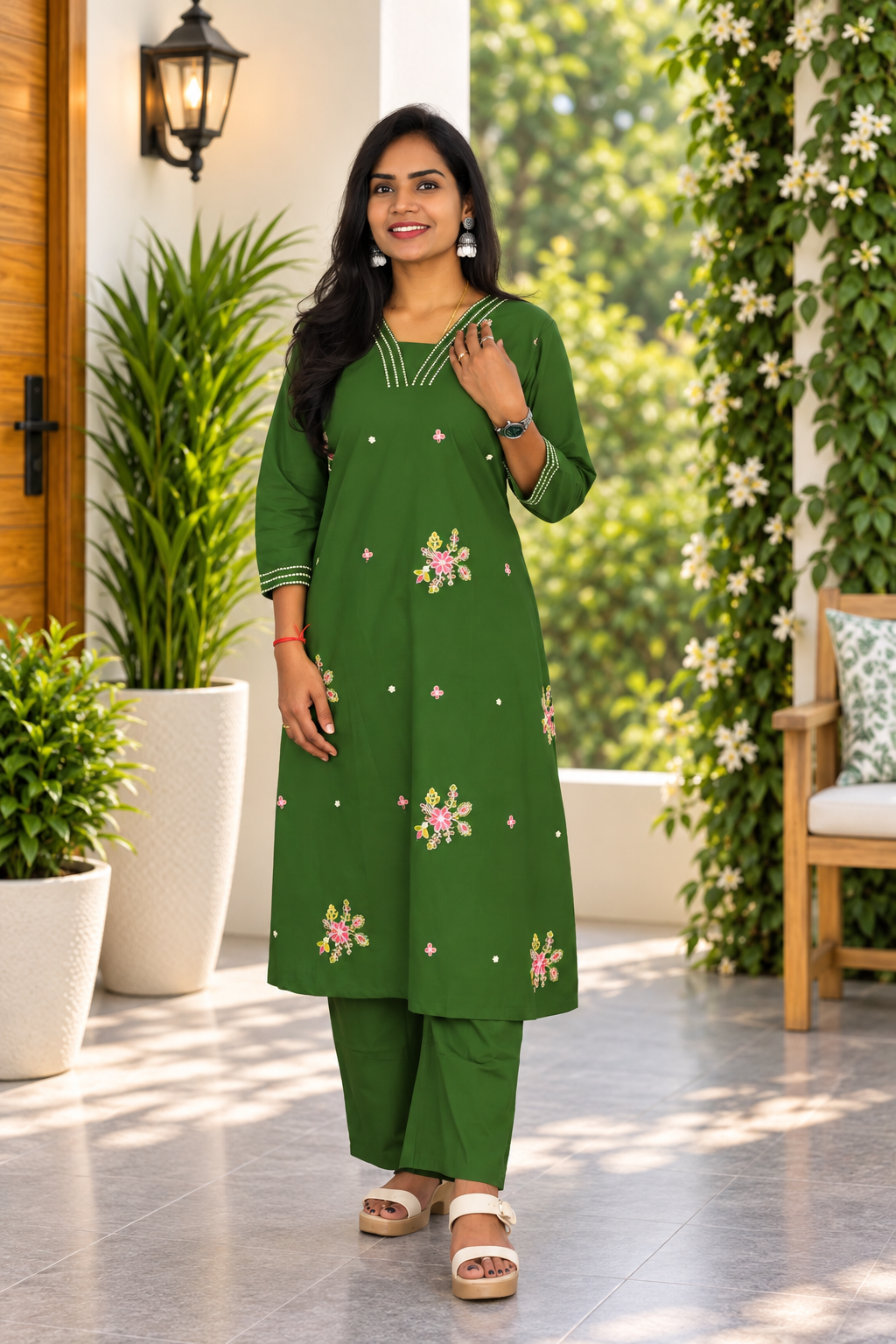 Olive Green Jaipur Cotton Cord Set With Embroidery Work