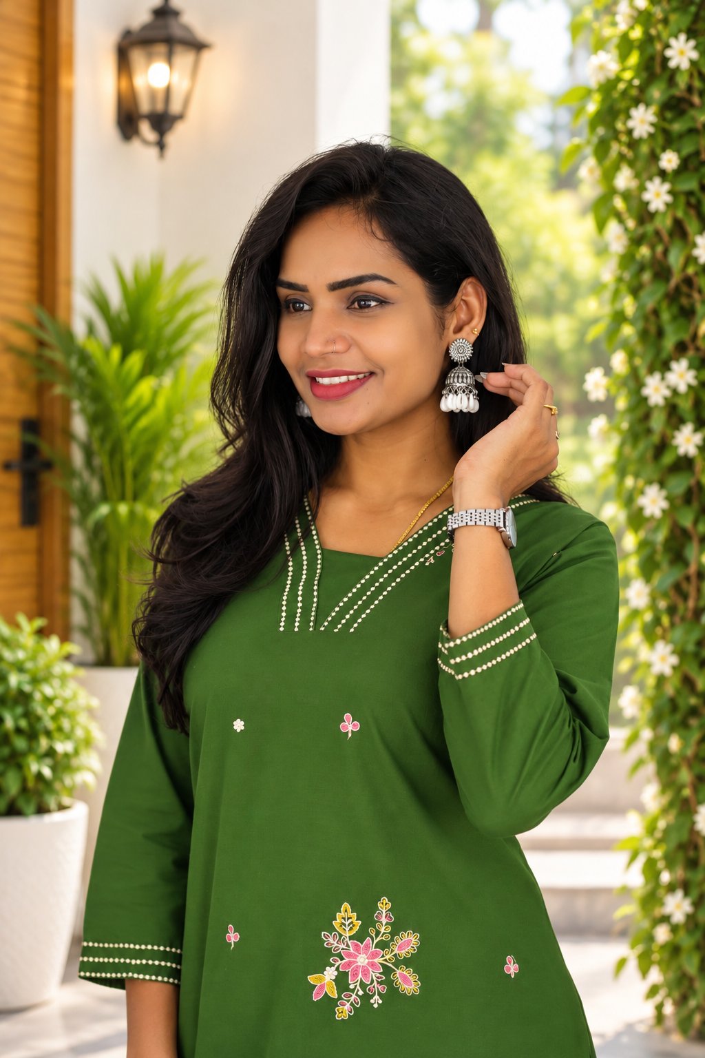 Olive Green Jaipur Cotton Cord Set With Embroidery Work