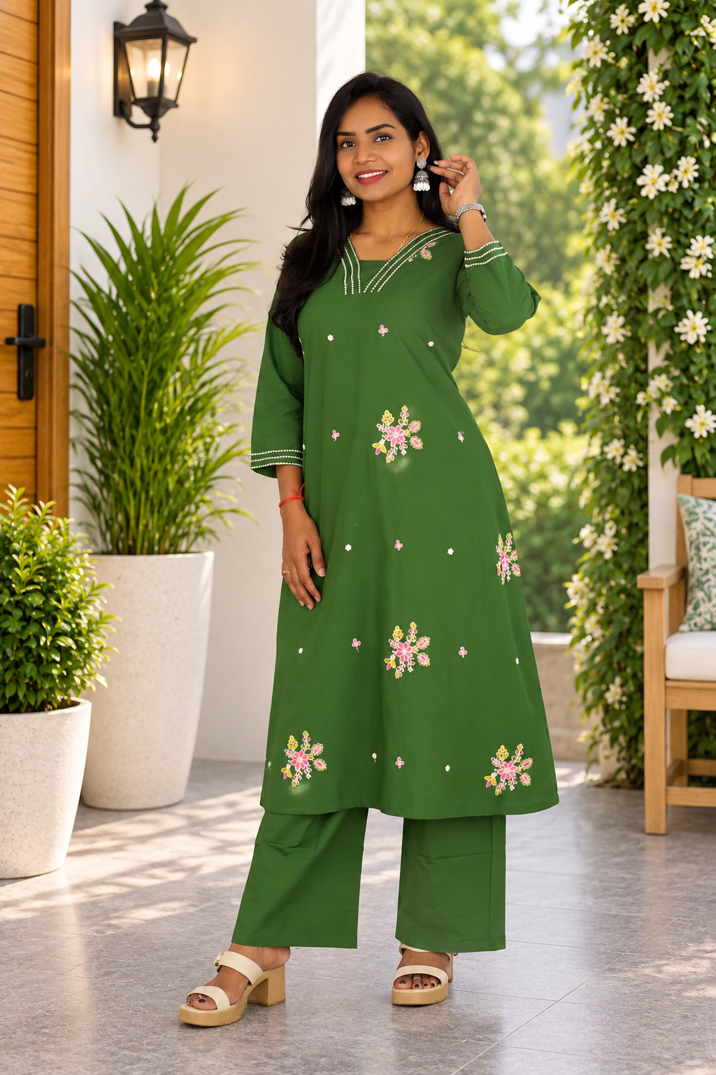 Olive Green Jaipur Cotton Cord Set With Embroidery Work