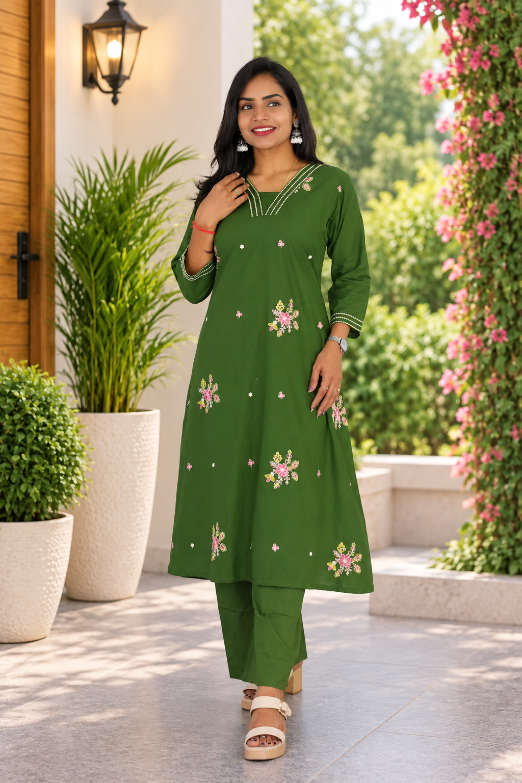 Olive Green Jaipur Cotton Cord Set With Embroidery Work