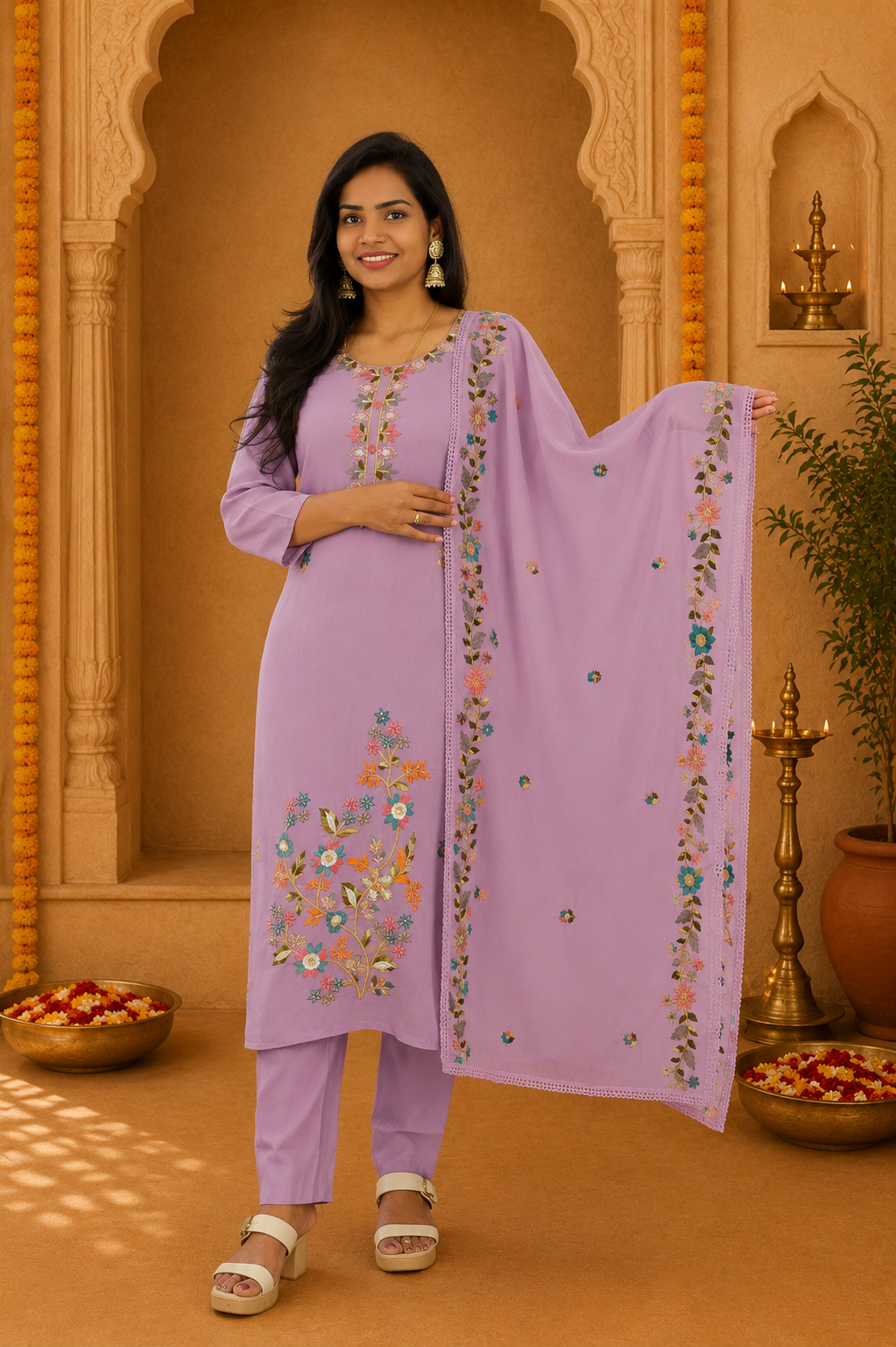 Purple Color Mul Chanderi Party Wear 3 Piece set With Complete Lining