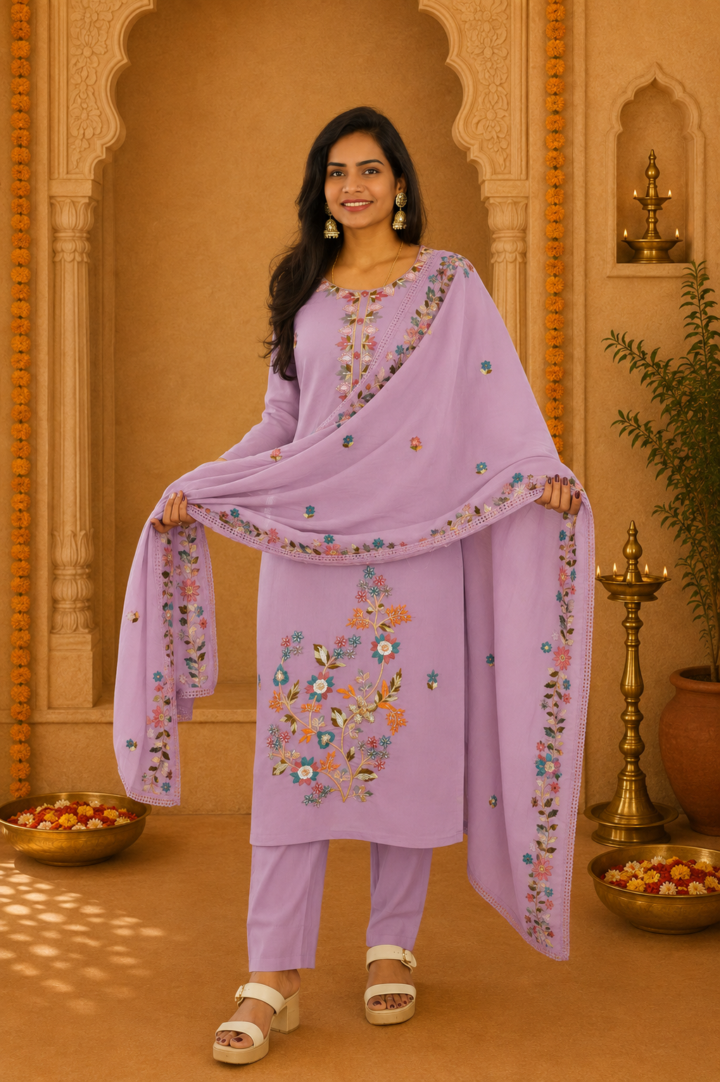 Purple Color Mul Chanderi Party Wear 3 Piece set With Complete Lining