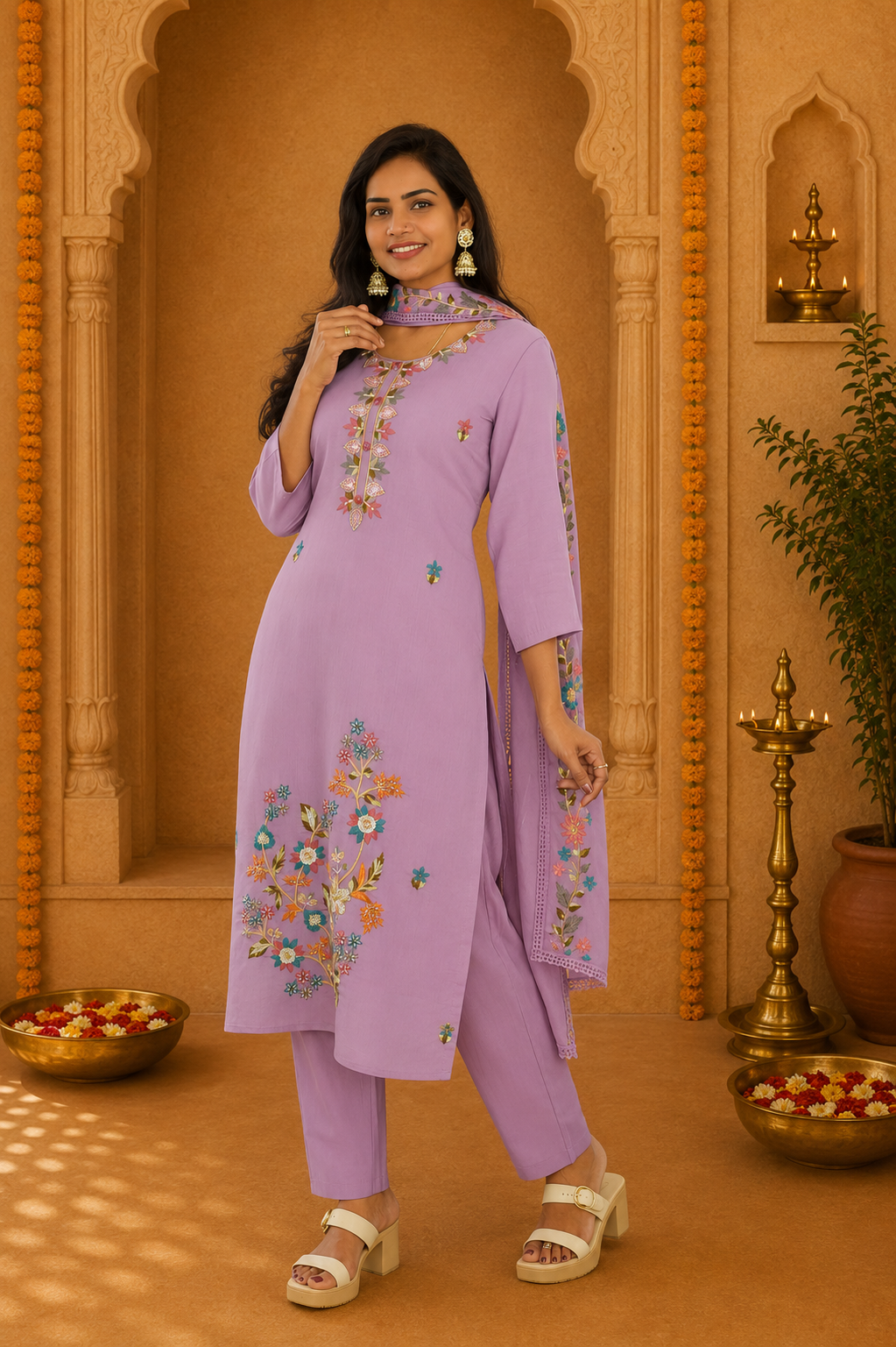 Purple Color Mul Chanderi Party Wear 3 Piece set With Complete Lining