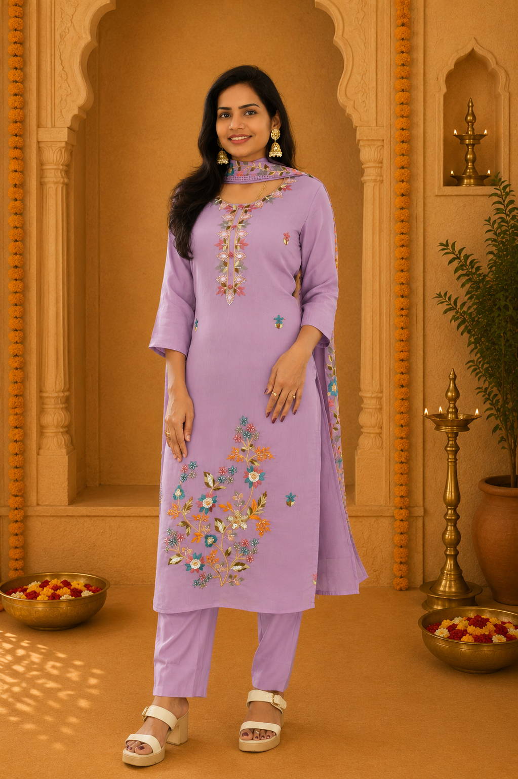 Purple Color Mul Chanderi Party Wear 3 Piece set With Complete Lining