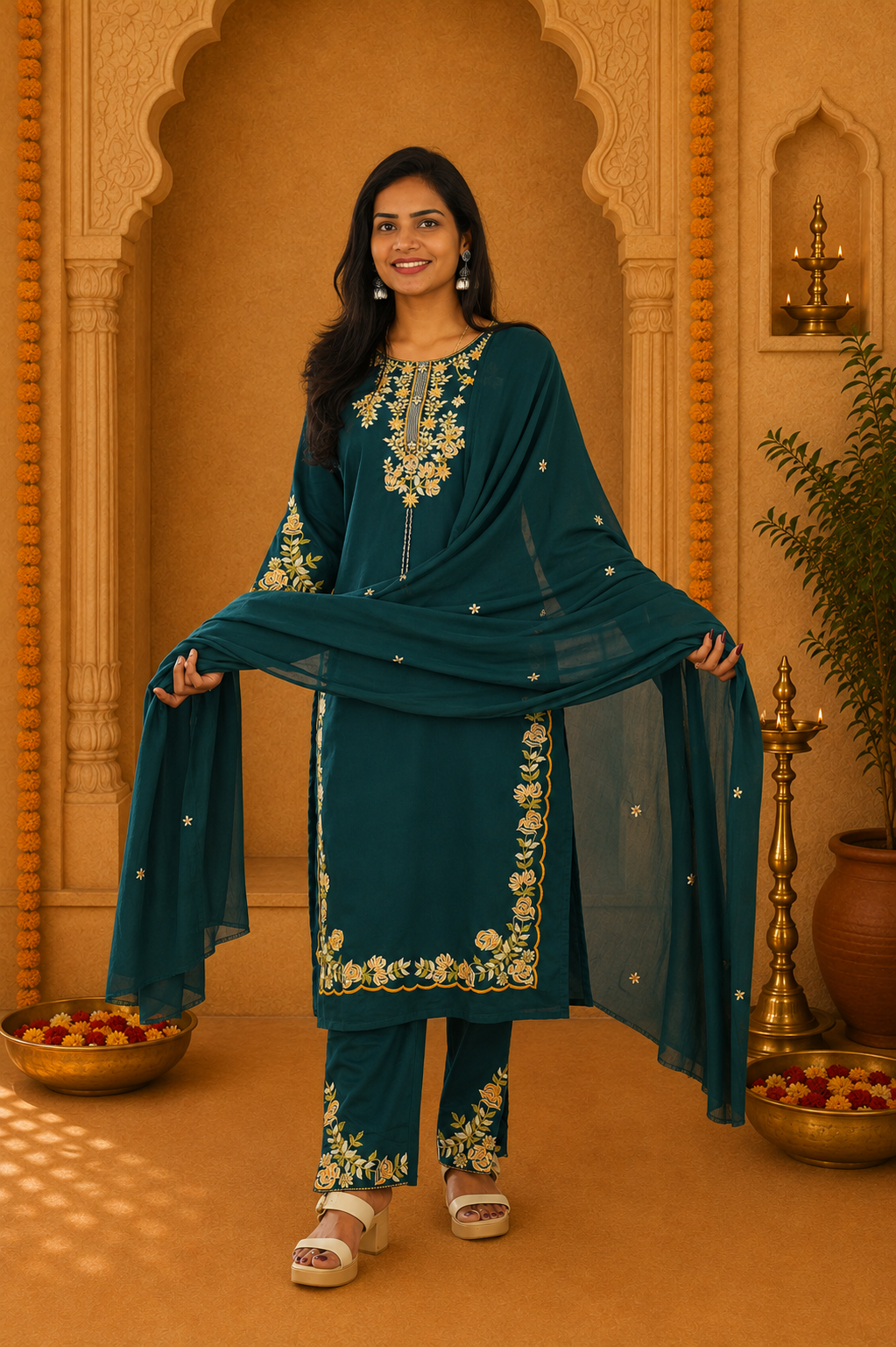 Teal Green Jaipur Cotton 3 Piece Set With heavy Embroidery Work and Lining