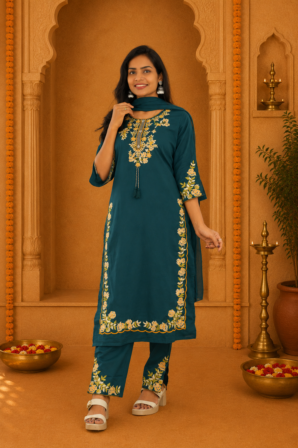 Teal Green Jaipur Cotton 3 Piece Set With heavy Embroidery Work and Lining