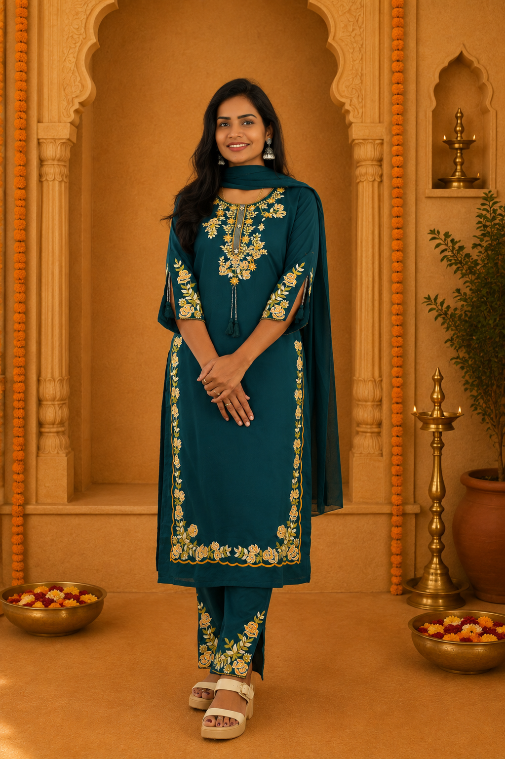 Teal Green Jaipur Cotton 3 Piece Set With heavy Embroidery Work and Lining