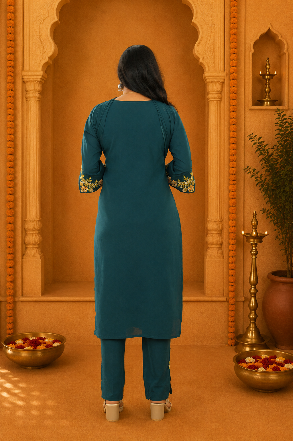 Teal Green Jaipur Cotton 3 Piece Set With heavy Embroidery Work and Lining