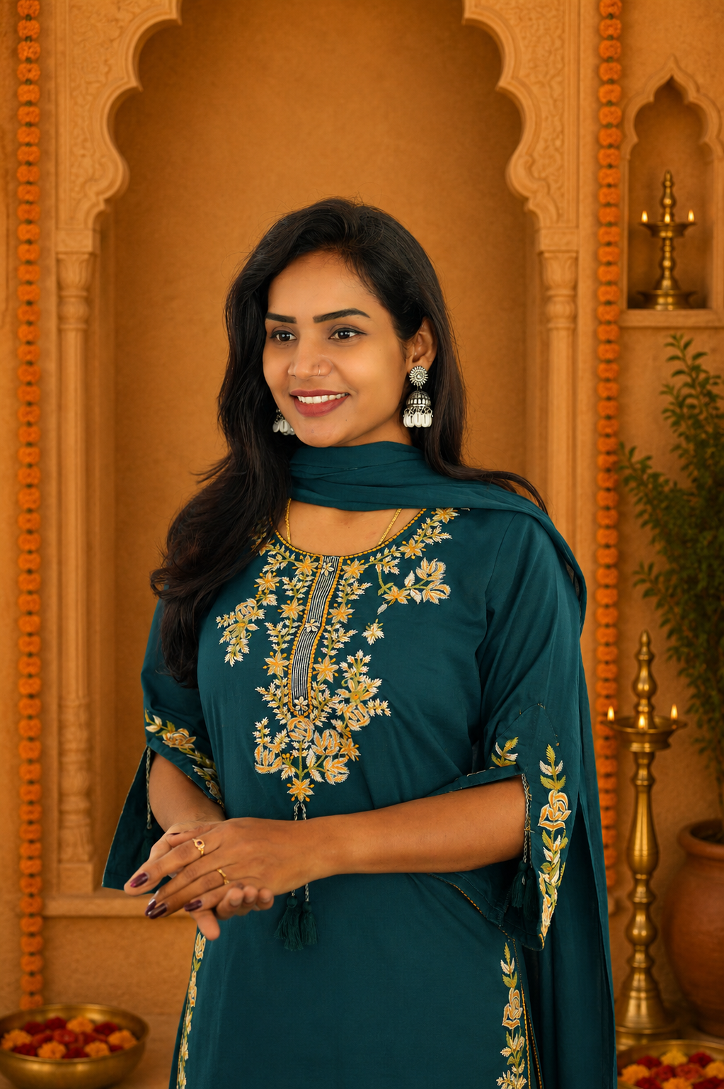 Teal Green Jaipur Cotton 3 Piece Set With heavy Embroidery Work and Lining