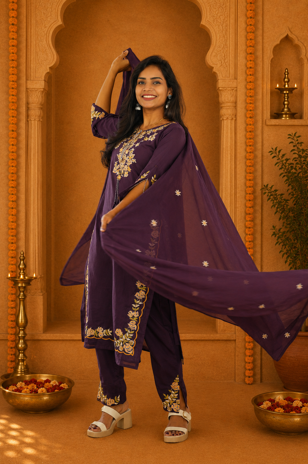 Dark Plum Jaipur Cotton 3 Piece Set With heavy Embroidery Work and Complete Lining