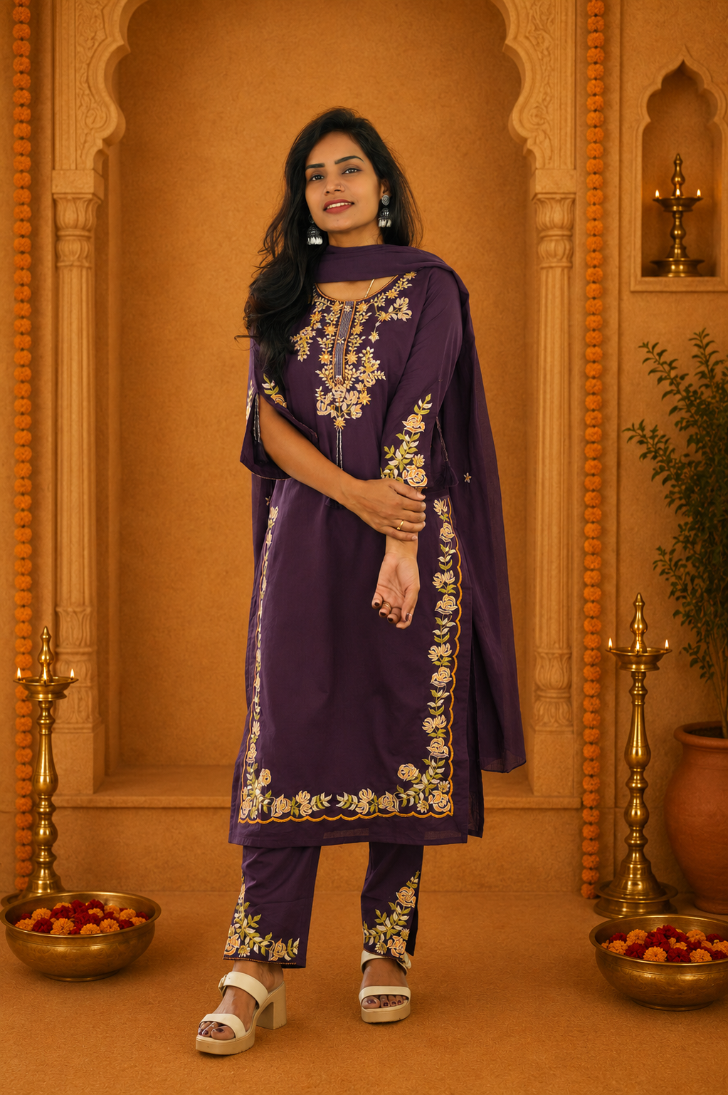 Dark Plum Jaipur Cotton 3 Piece Set With heavy Embroidery Work and Complete Lining