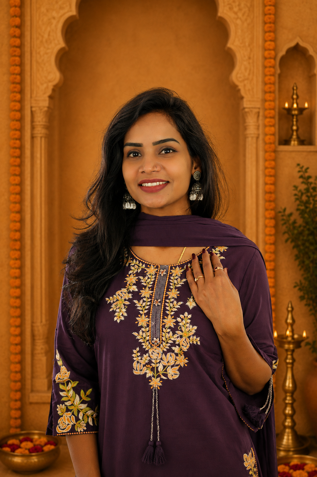 Dark Plum Jaipur Cotton 3 Piece Set With heavy Embroidery Work and Complete Lining