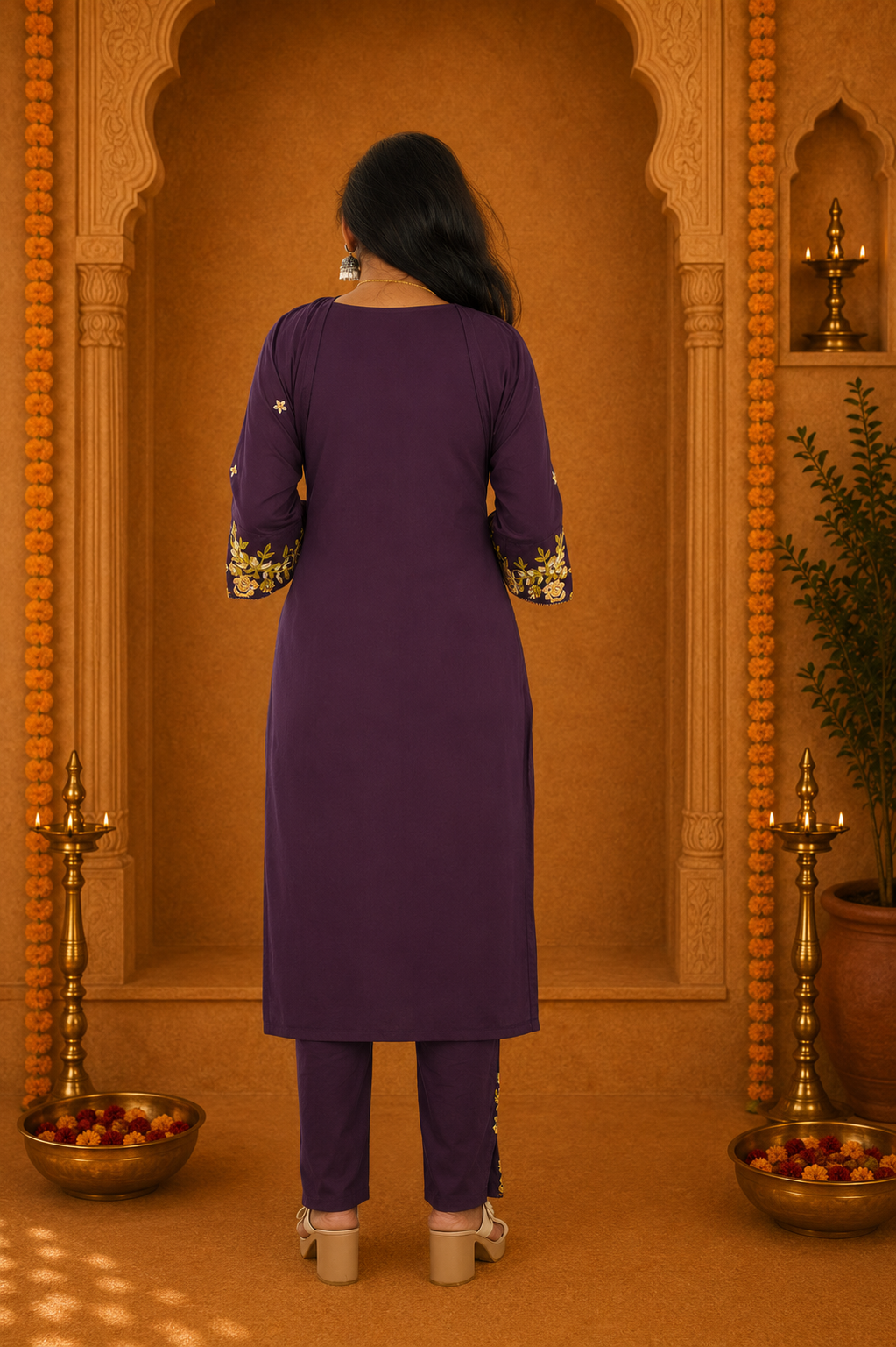 Dark Plum Jaipur Cotton 3 Piece Set With heavy Embroidery Work and Complete Lining