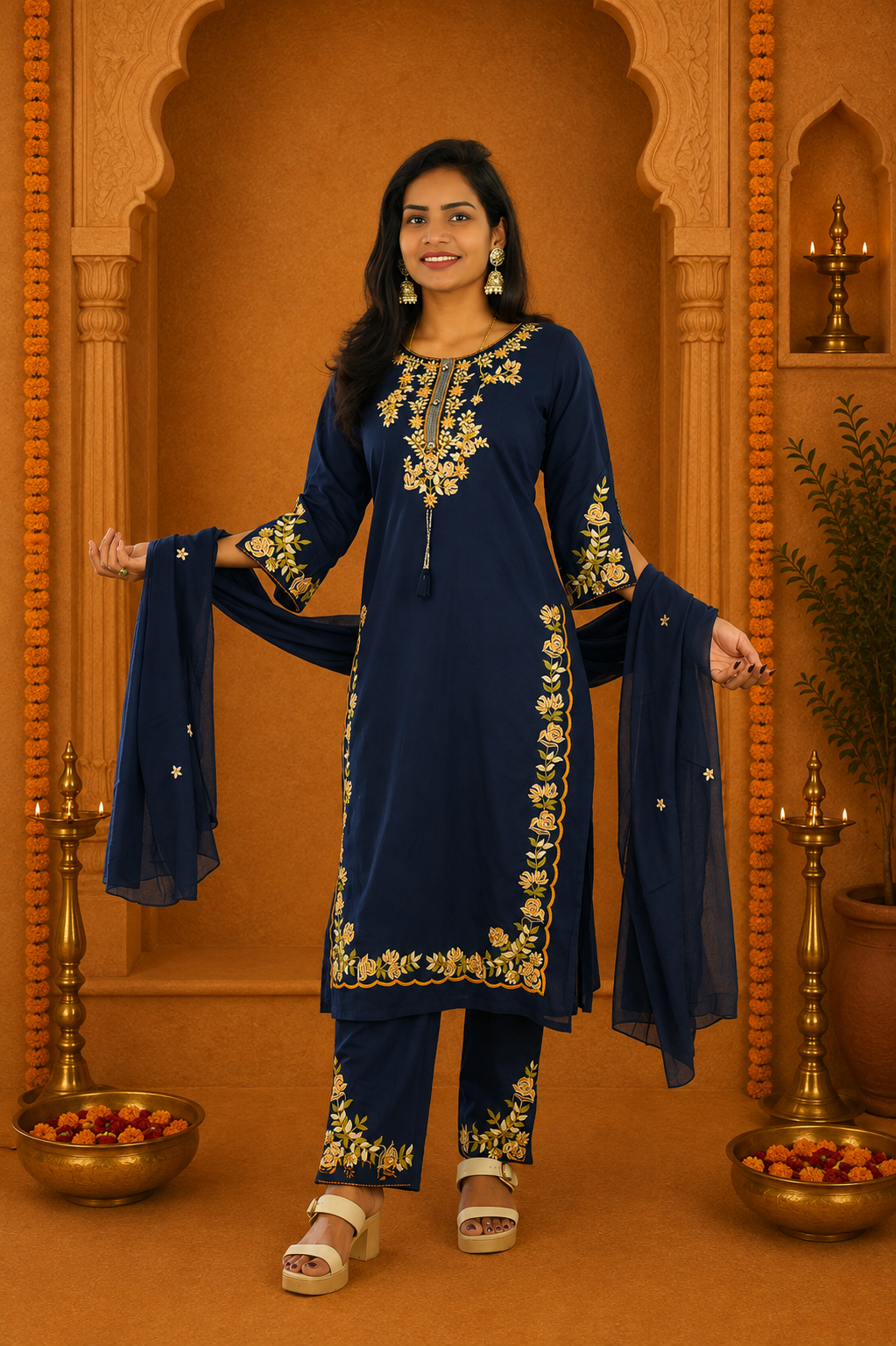 Navy Blue Jaipur Cotton 3 Piece Set With heavy Embroidery Work and Complete Lining