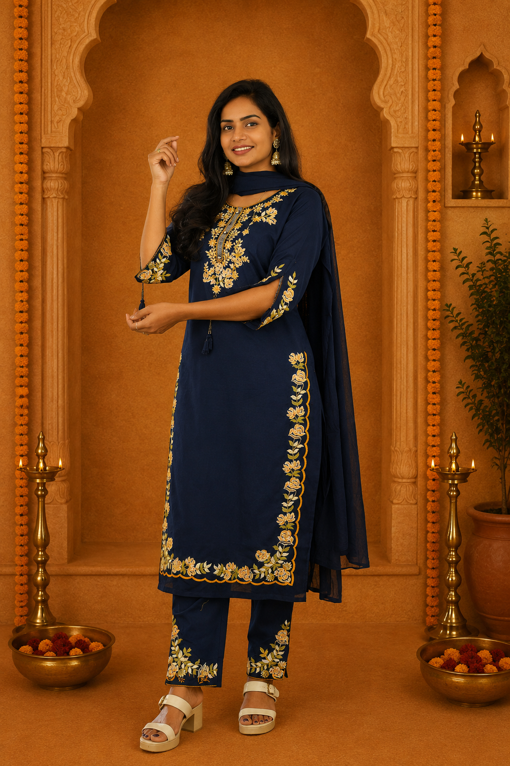 Navy Blue Jaipur Cotton 3 Piece Set With heavy Embroidery Work and Complete Lining