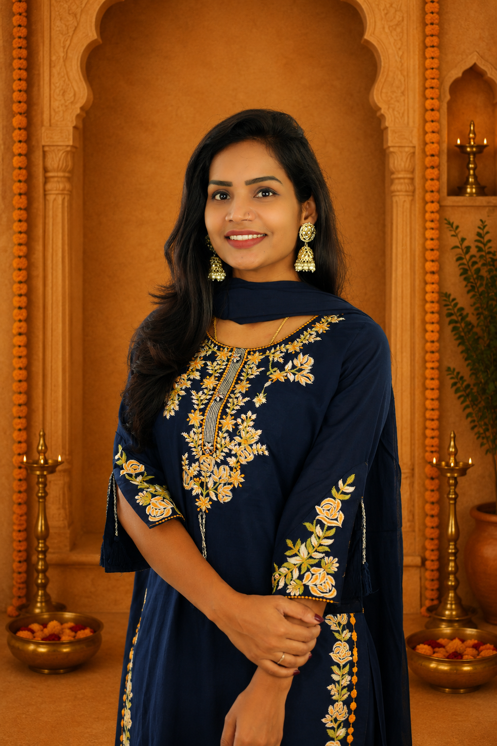Navy Blue Jaipur Cotton 3 Piece Set With heavy Embroidery Work and Complete Lining