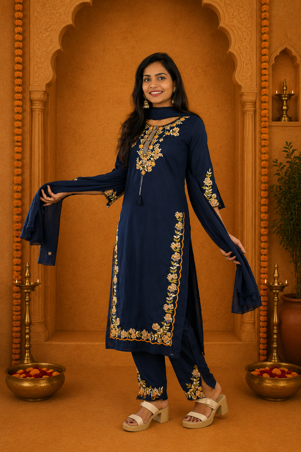 Navy Blue Jaipur Cotton 3 Piece Set With heavy Embroidery Work and Complete Lining