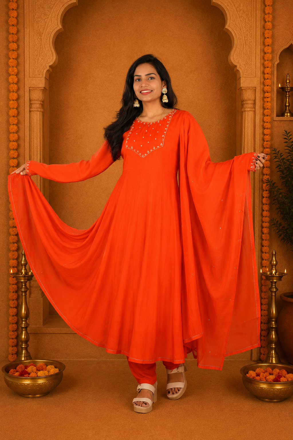Orange Color Mul Chandher Festive Wear 3 Piece Set With Gota Patti work and Complete Lining