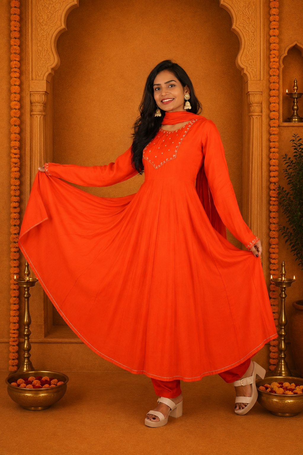 Orange Color Mul Chandher Festive Wear 3 Piece Set With Gota Patti work and Complete Lining