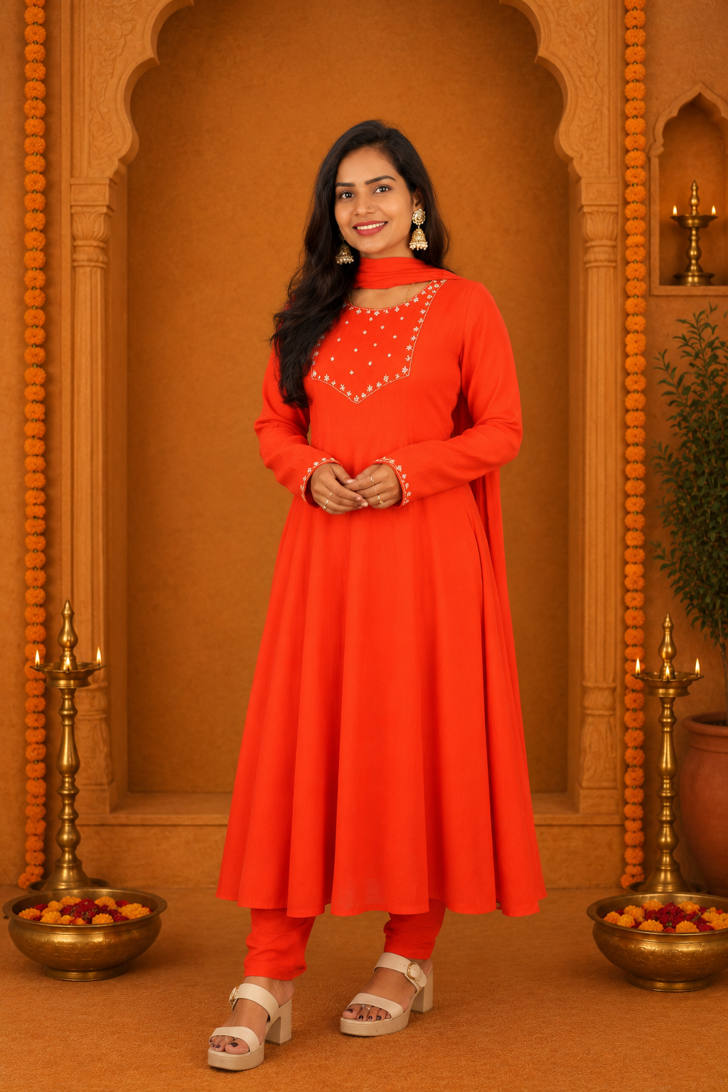Orange Color Mul Chandher Festive Wear 3 Piece Set With Gota Patti work and Complete Lining