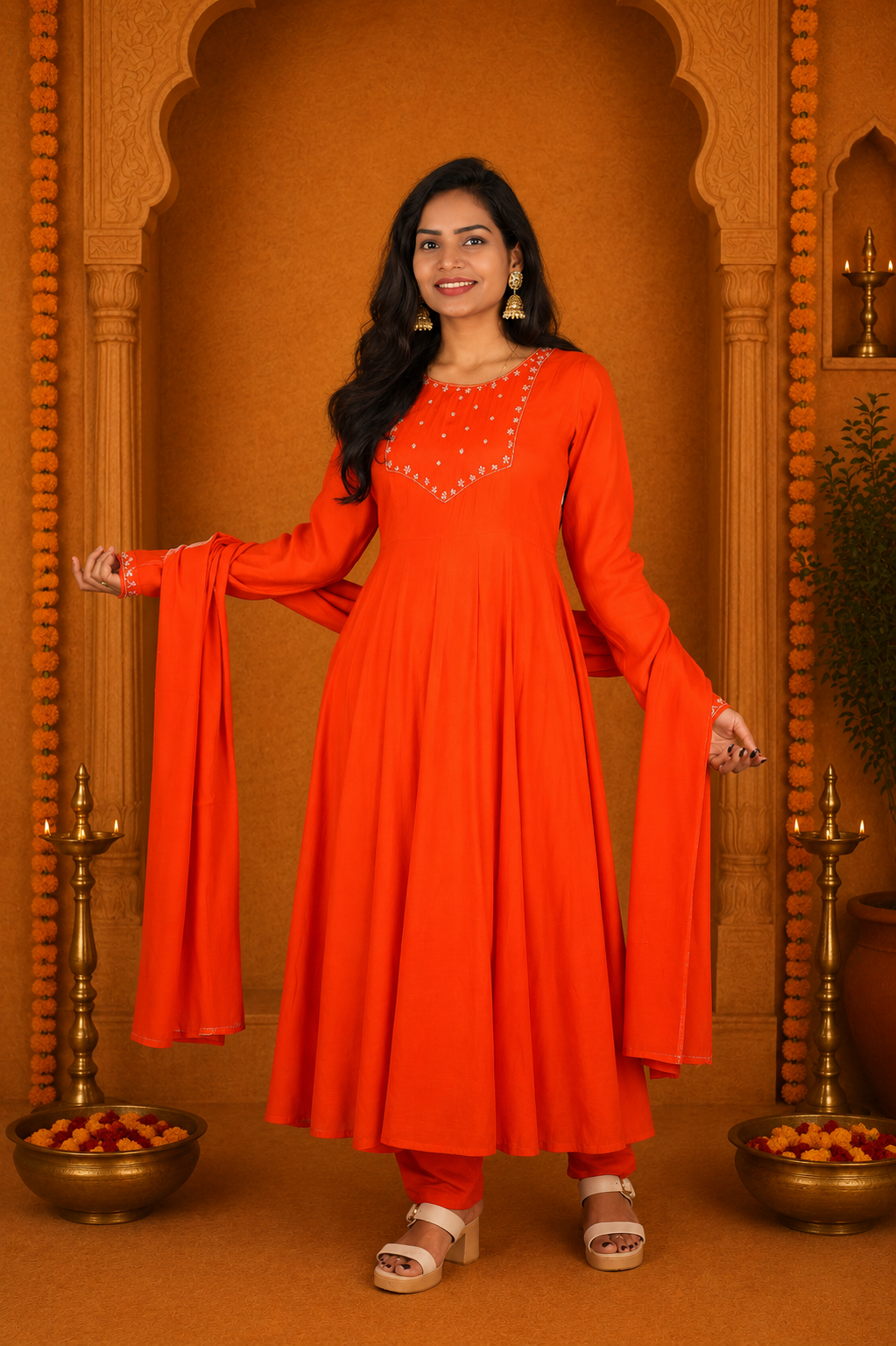 Orange Color Mul Chandher Festive Wear 3 Piece Set With Gota Patti work and Complete Lining