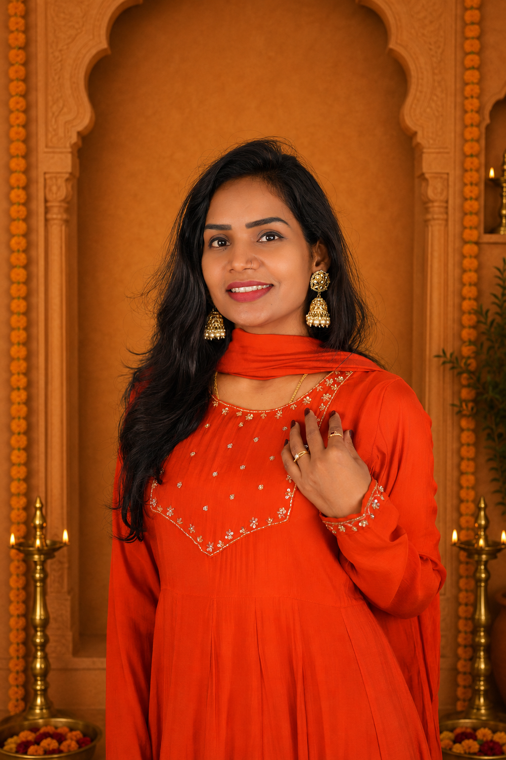 Orange Color Mul Chandher Festive Wear 3 Piece Set With Gota Patti work and Complete Lining