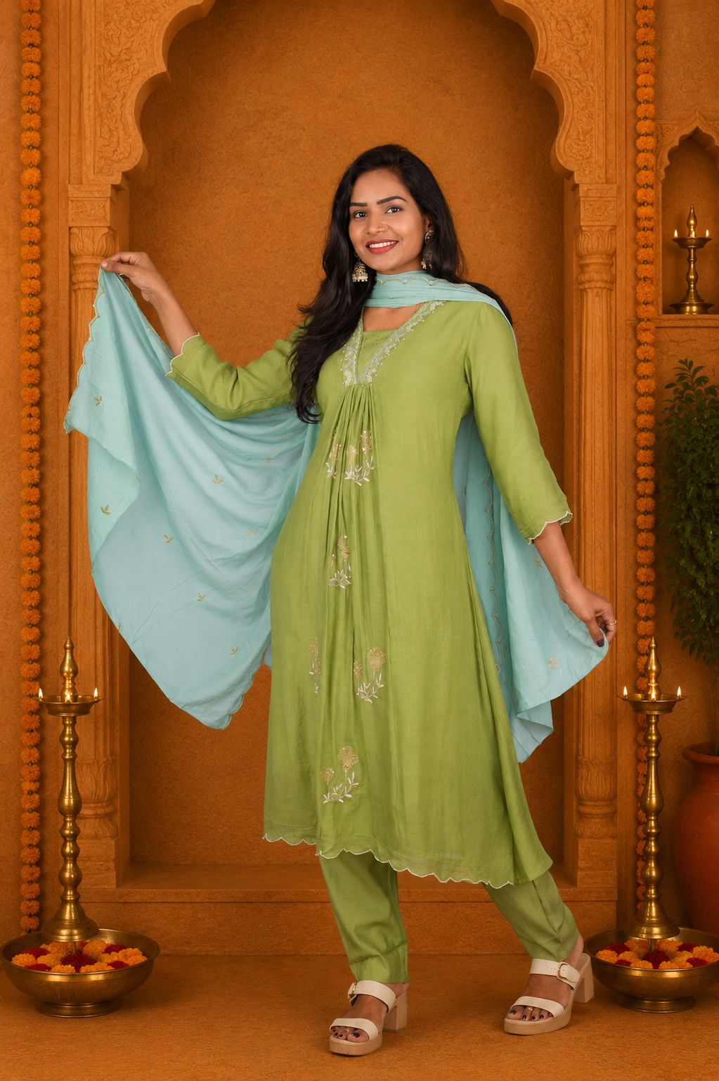 Sage Green Crushed Mul Cotton Stylish 3 Piece Set With Lining and Contrast Dupatta