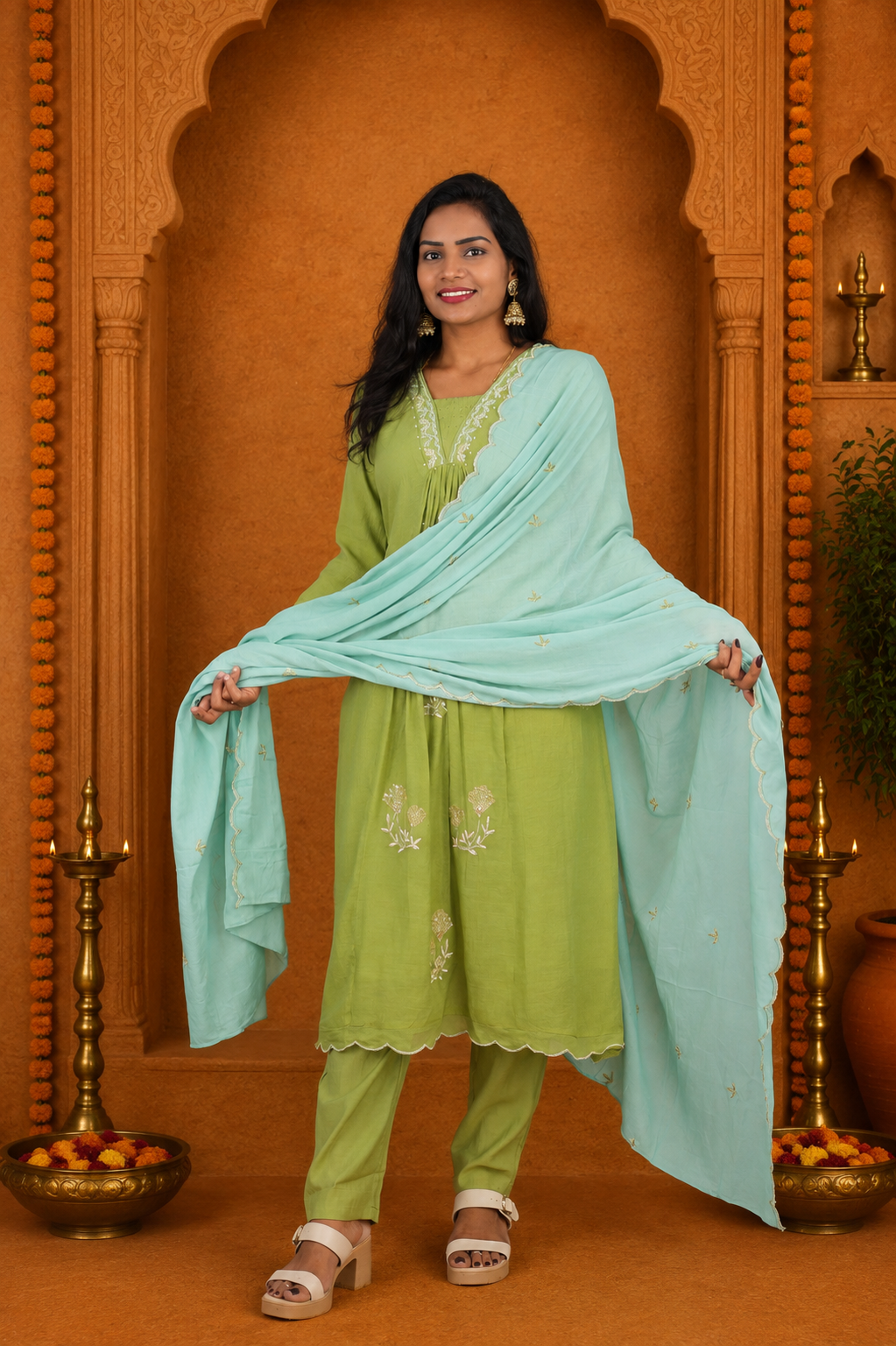 Sage Green Crushed Mul Cotton Stylish 3 Piece Set With Lining and Contrast Dupatta