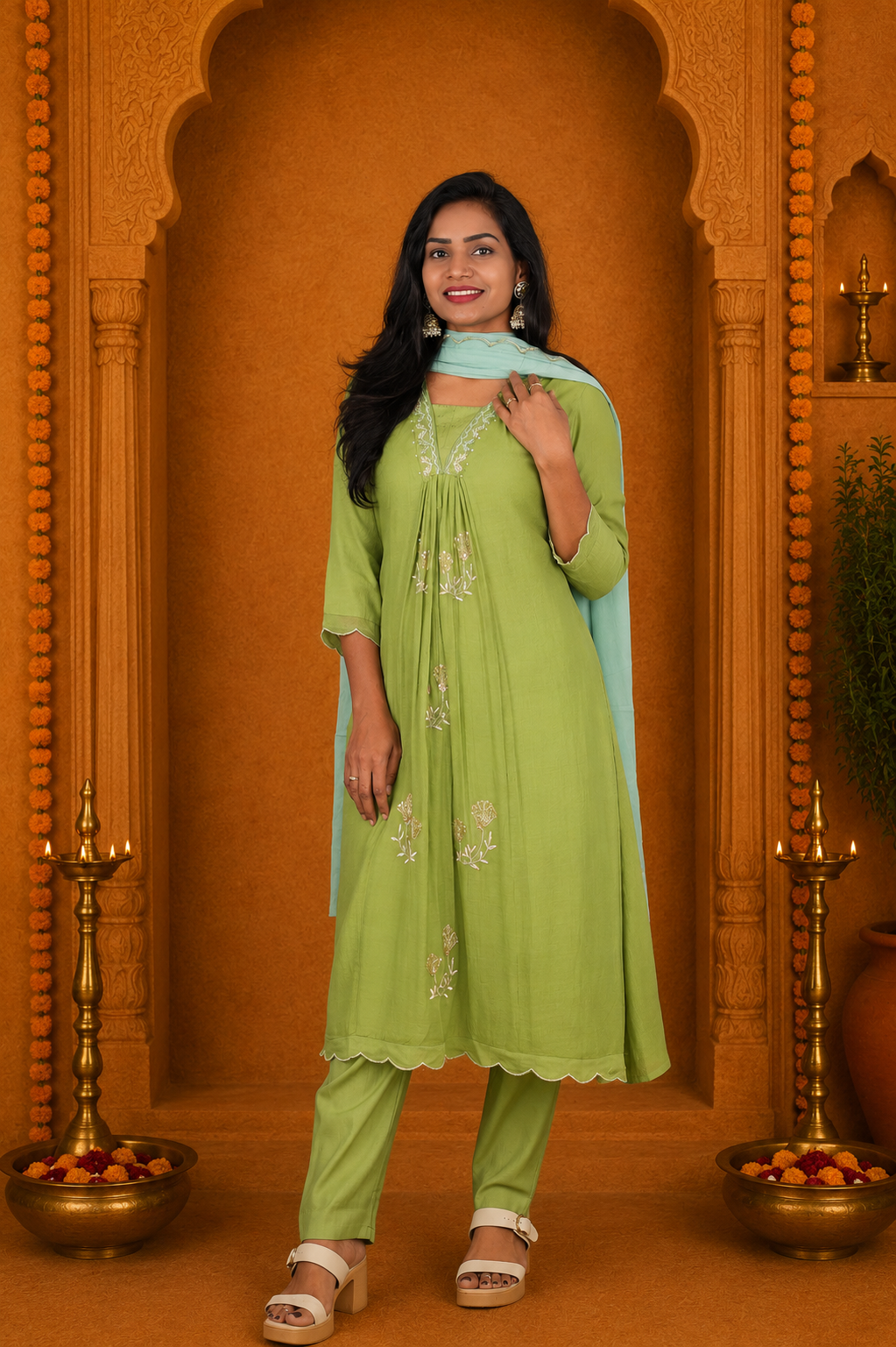 Sage Green Crushed Mul Cotton Stylish 3 Piece Set With Lining and Contrast Dupatta