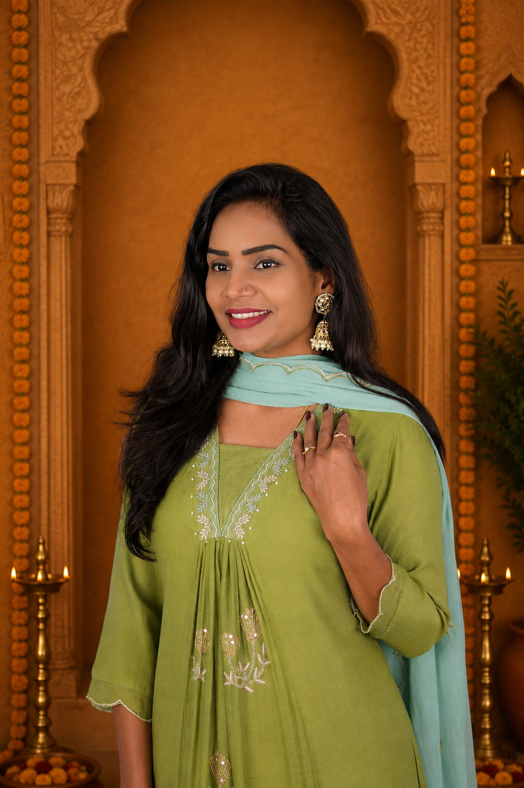 Sage Green Crushed Mul Cotton Stylish 3 Piece Set With Lining and Contrast Dupatta