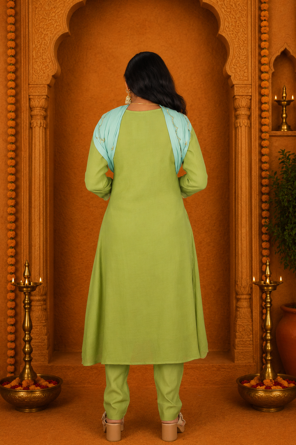 Sage Green Crushed Mul Cotton Stylish 3 Piece Set With Lining and Contrast Dupatta