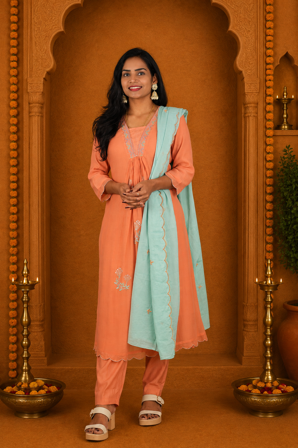 Coral Peach Crushed Mul Cotton Stylish 3 Piece Set With Lining and Contrast Dupatta