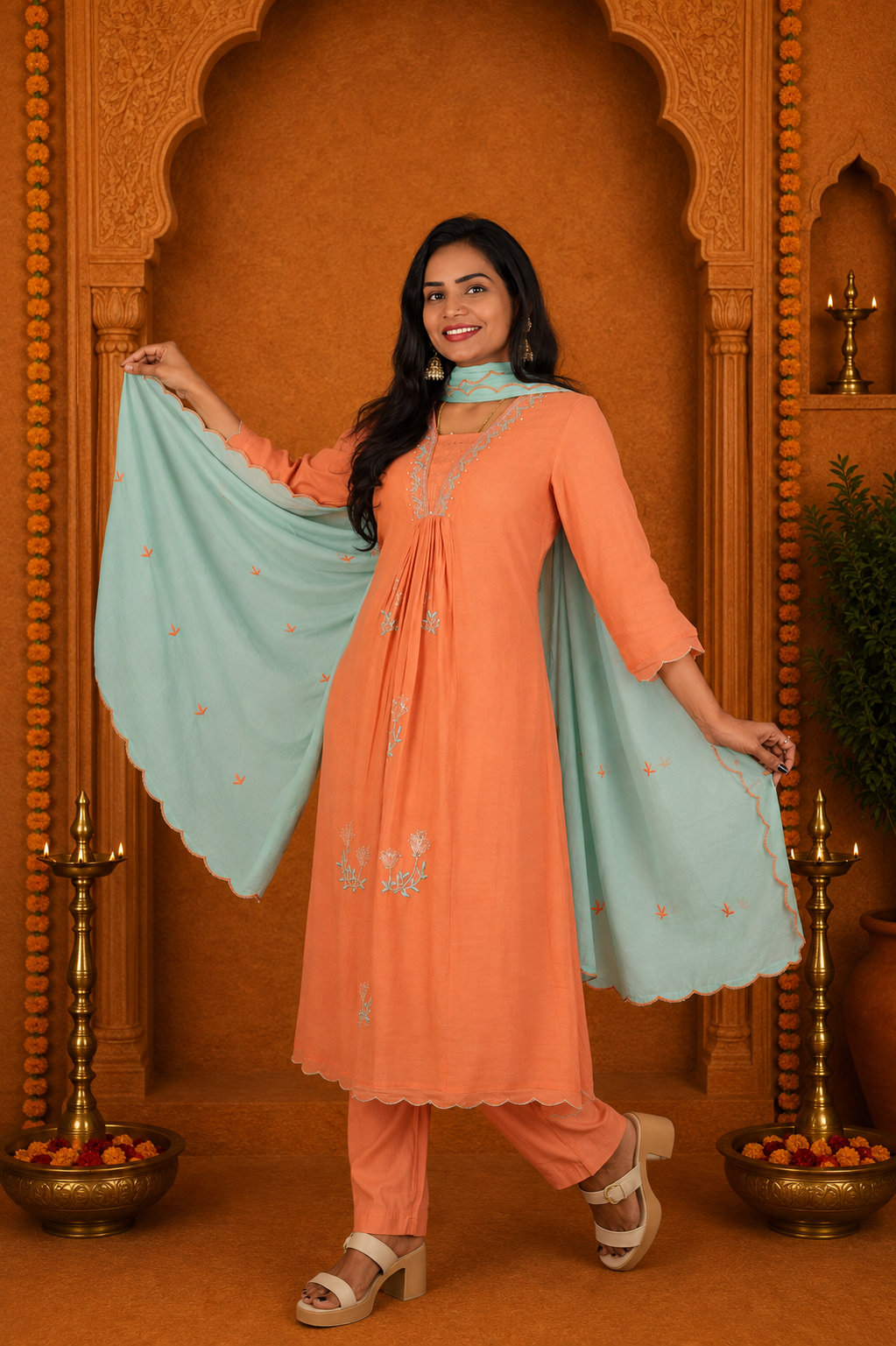 Coral Peach Crushed Mul Cotton Stylish 3 Piece Set With Lining and Contrast Dupatta