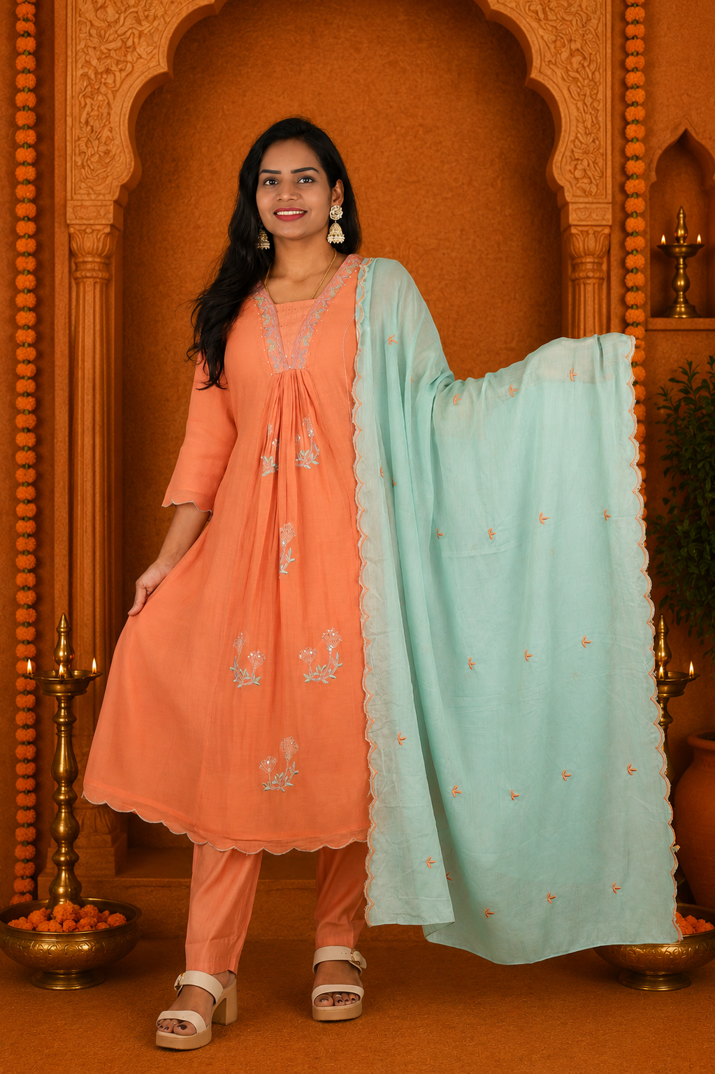 Coral Peach Crushed Mul Cotton Stylish 3 Piece Set With Lining and Contrast Dupatta
