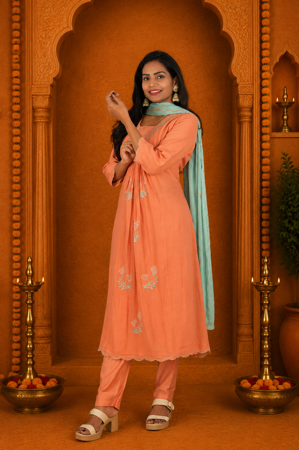 Coral Peach Crushed Mul Cotton Stylish 3 Piece Set With Lining and Contrast Dupatta