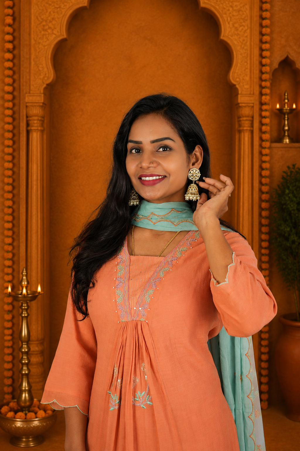 Coral Peach Crushed Mul Cotton Stylish 3 Piece Set With Lining and Contrast Dupatta