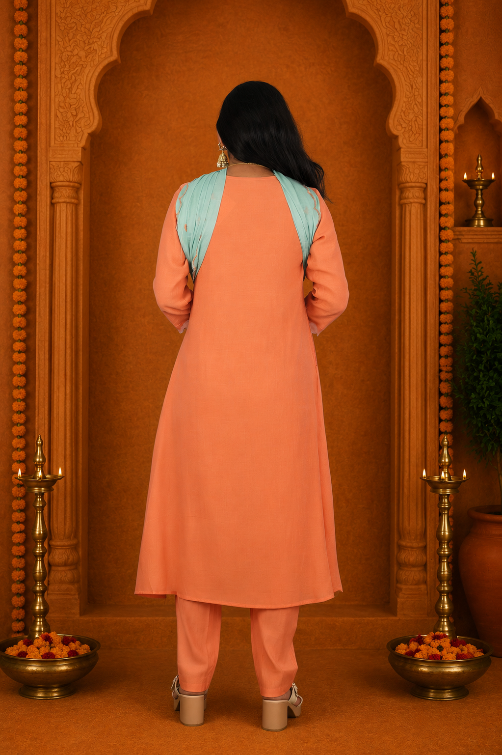 Coral Peach Crushed Mul Cotton Stylish 3 Piece Set With Lining and Contrast Dupatta