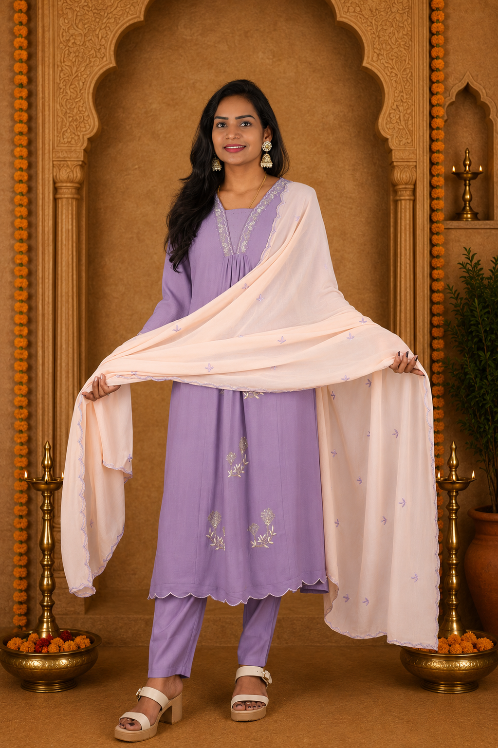 Muted Lavender Crushed Mul Cotton Stylish 3 Piece Set With Lining and Contrast Dupatta