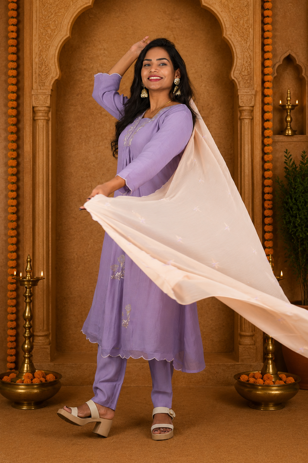 Muted Lavender Crushed Mul Cotton Stylish 3 Piece Set With Lining and Contrast Dupatta
