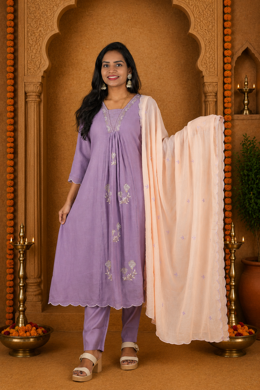 Muted Lavender Crushed Mul Cotton Stylish 3 Piece Set With Lining and Contrast Dupatta