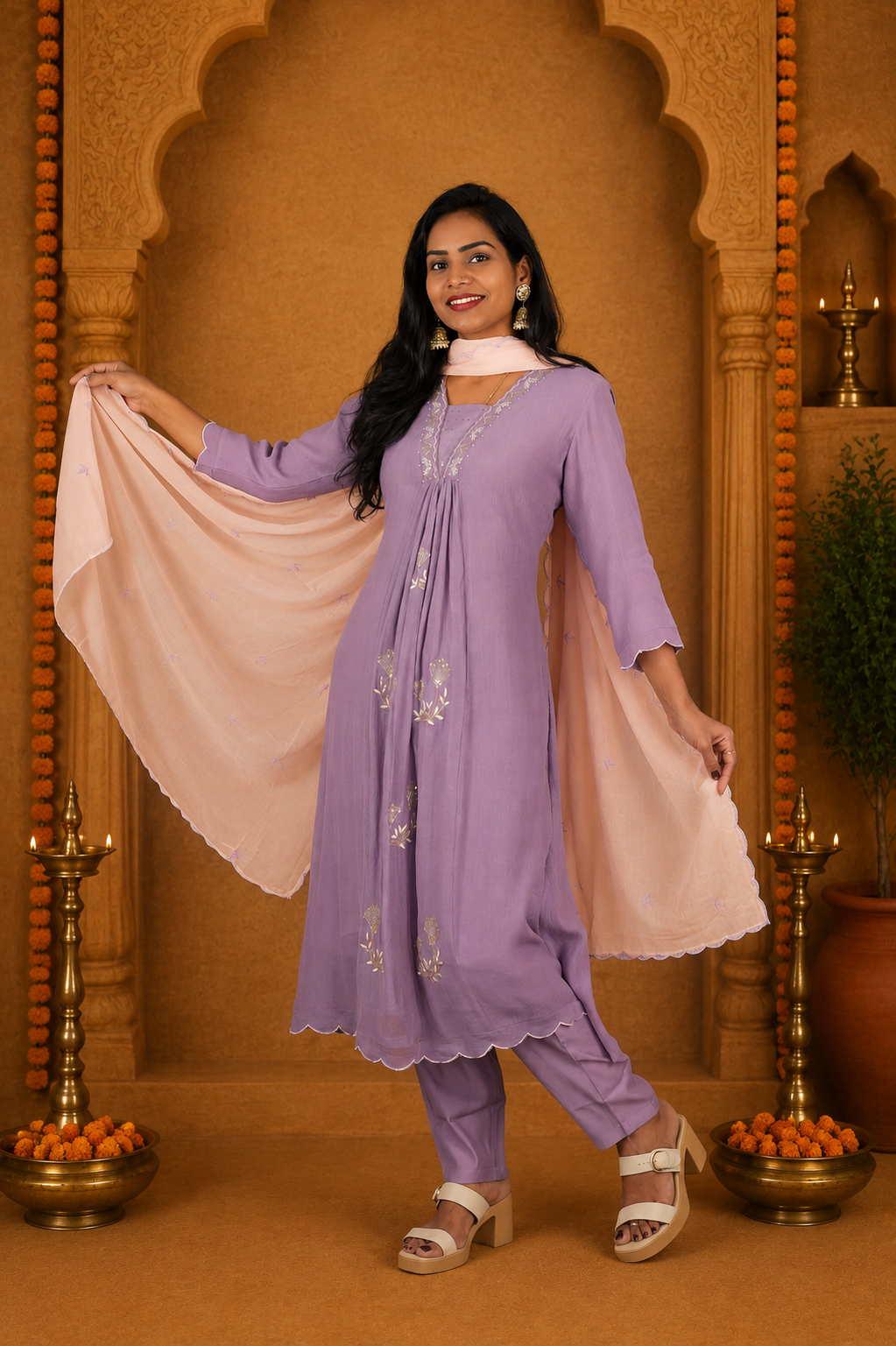 Muted Lavender Crushed Mul Cotton Stylish 3 Piece Set With Lining and Contrast Dupatta