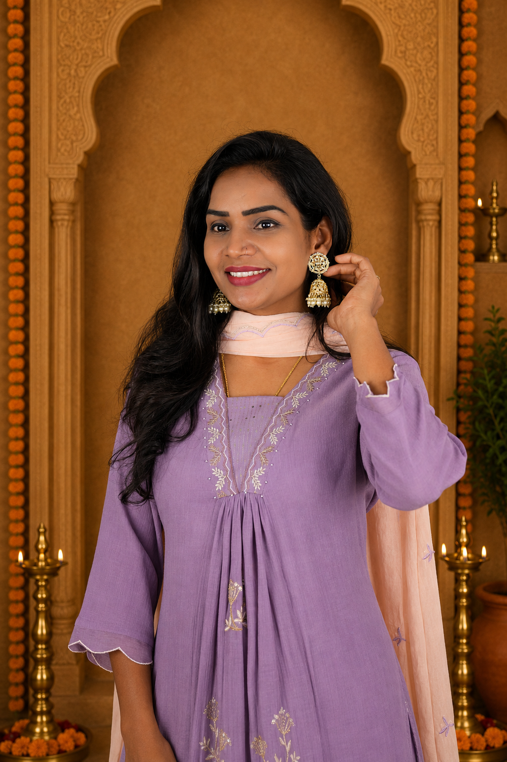 Muted Lavender Crushed Mul Cotton Stylish 3 Piece Set With Lining and Contrast Dupatta