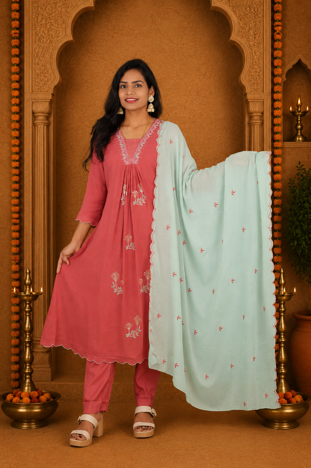 Coral Pink Crushed Mul Cotton Stylish 3 Piece Set With Lining and Contrast Dupatta