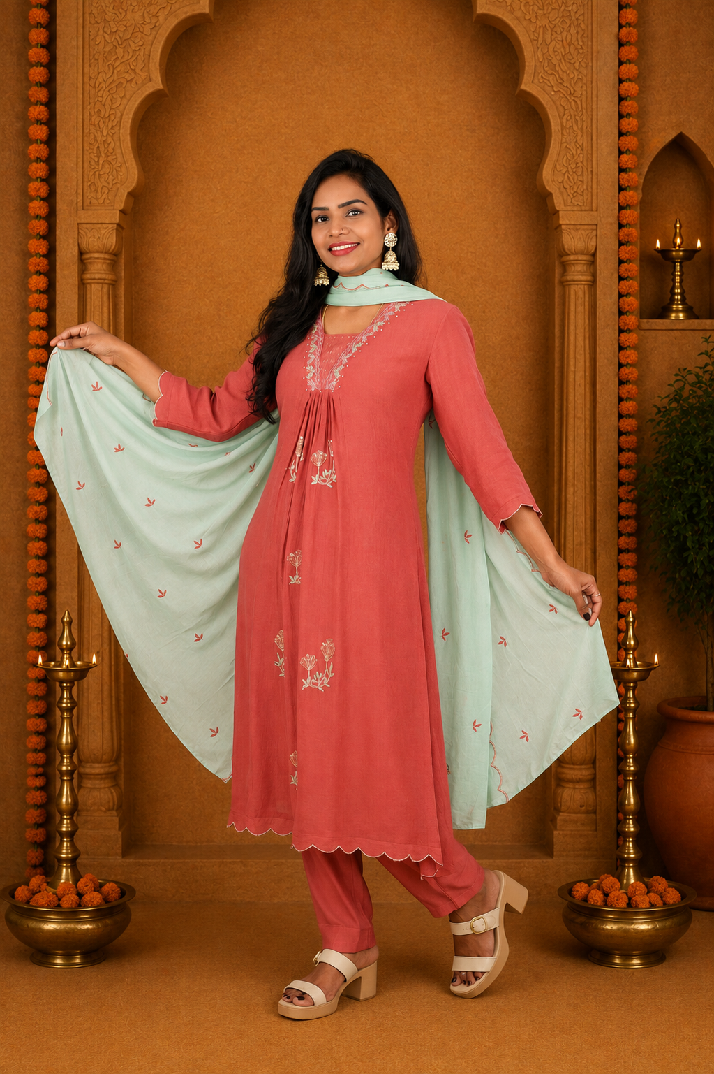Coral Pink Crushed Mul Cotton Stylish 3 Piece Set With Lining and Contrast Dupatta
