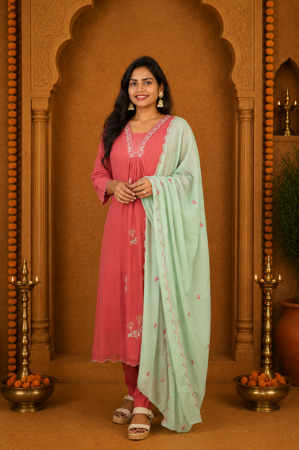 Coral Pink Crushed Mul Cotton Stylish 3 Piece Set With Lining and Contrast Dupatta