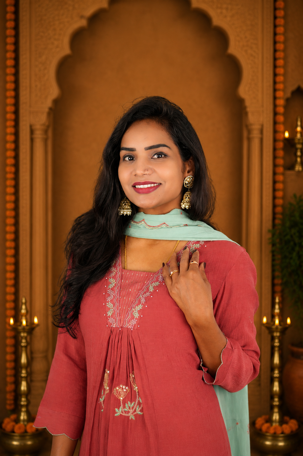 Coral Pink Crushed Mul Cotton Stylish 3 Piece Set With Lining and Contrast Dupatta