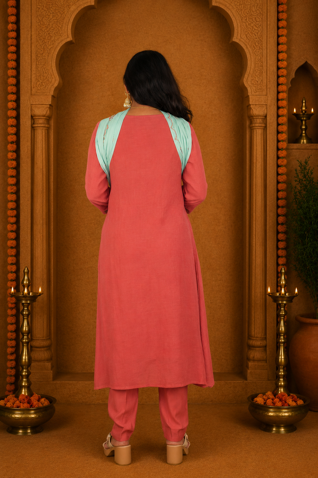 Coral Pink Crushed Mul Cotton Stylish 3 Piece Set With Lining and Contrast Dupatta