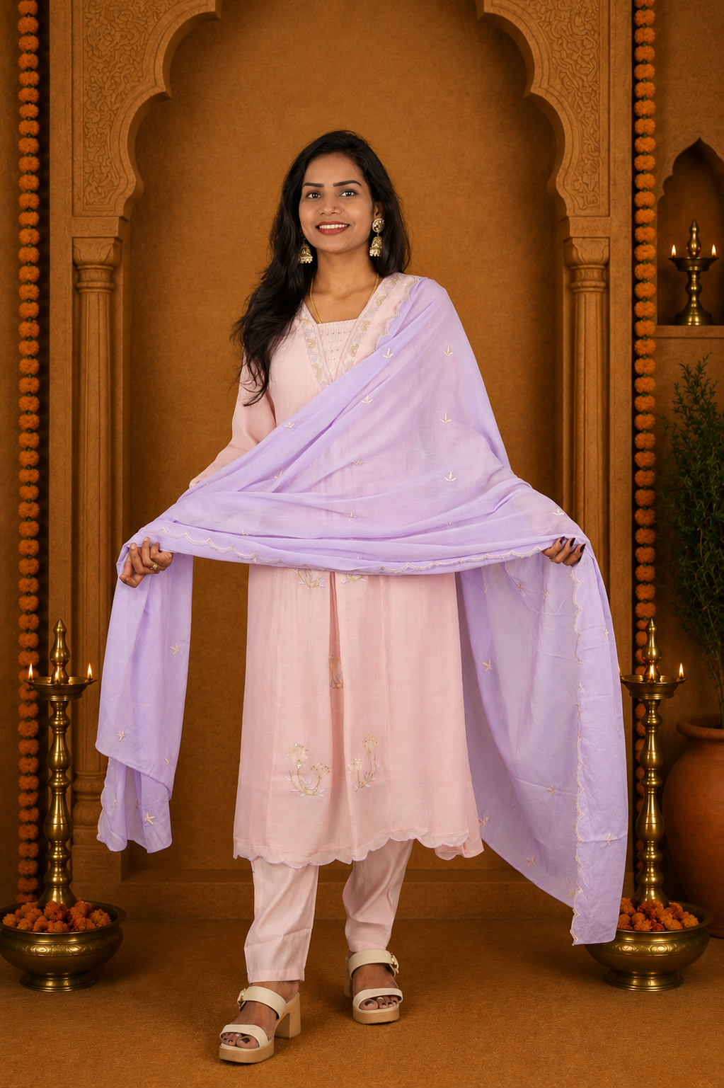 Dusty Pink Crushed Mul Cotton Stylish 3 Piece Set With Lining and Contrast Dupatta